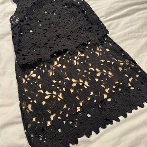 Aqua Black Floral Lace Overlay Dress